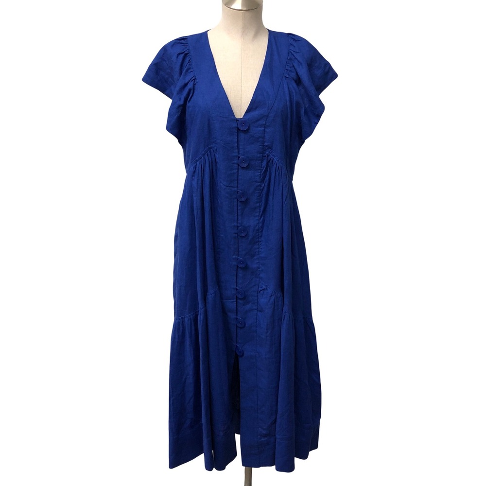 Anthropologie Maxi Dress Womens Small Royal Blue Linen Blend Flutter Sleeve